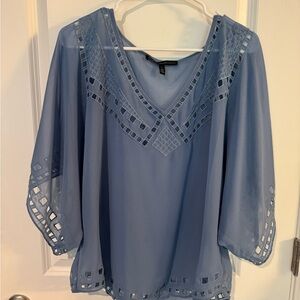 White House Black Market Periwinkle Blue Sheer Lace-Trim Blouse